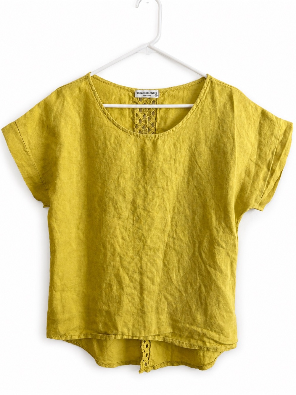 Terzo Millennio Embroidered Yellow Linen Top Size S Made in Italy